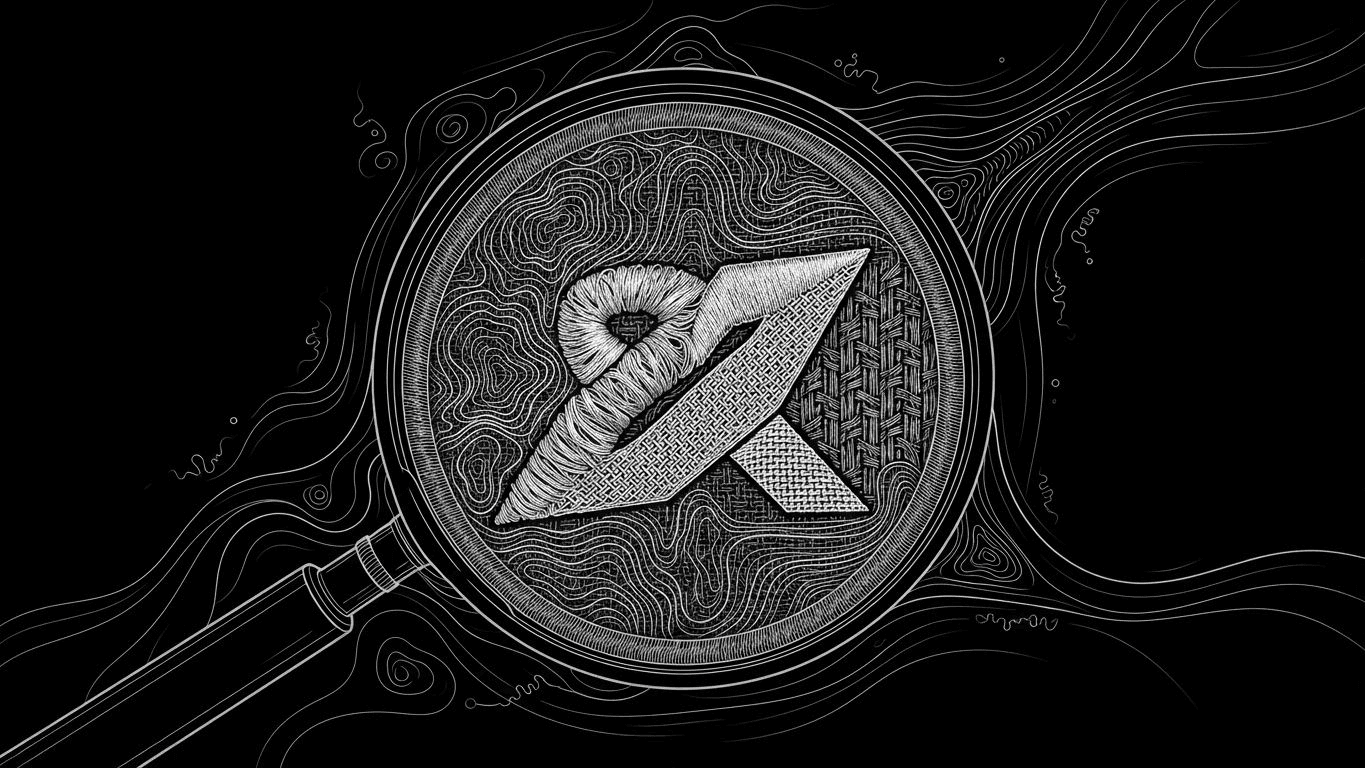 A magnifying glass showing the contrast between chunky embroidery stitches and fine woven threads on a logo patch.