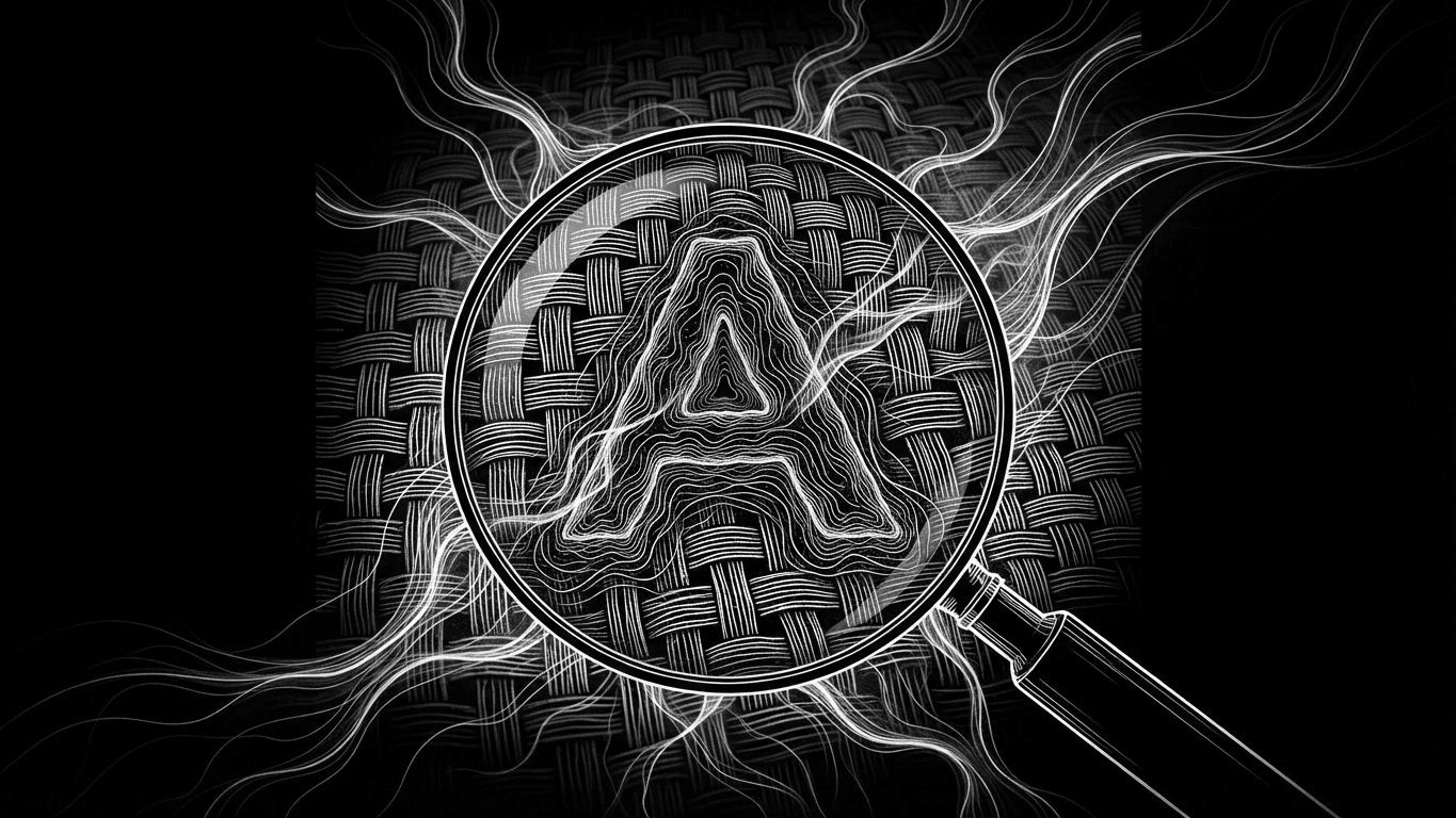 Magnifying glass showing the precise grid of threads in a woven patch's tiny lettering.