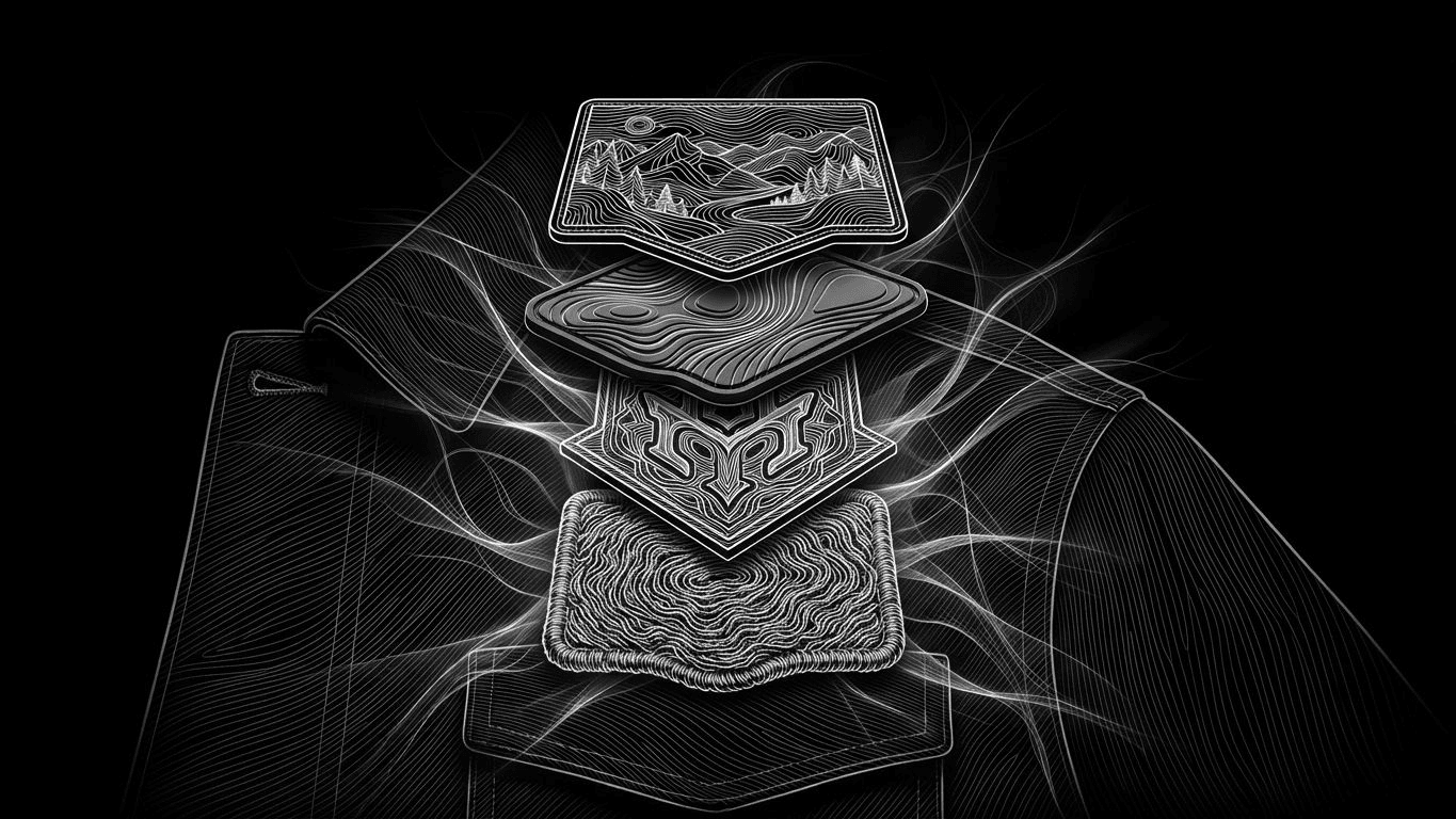 Four different types of custom patches, including embroidered and rubberized versions, on a garment.