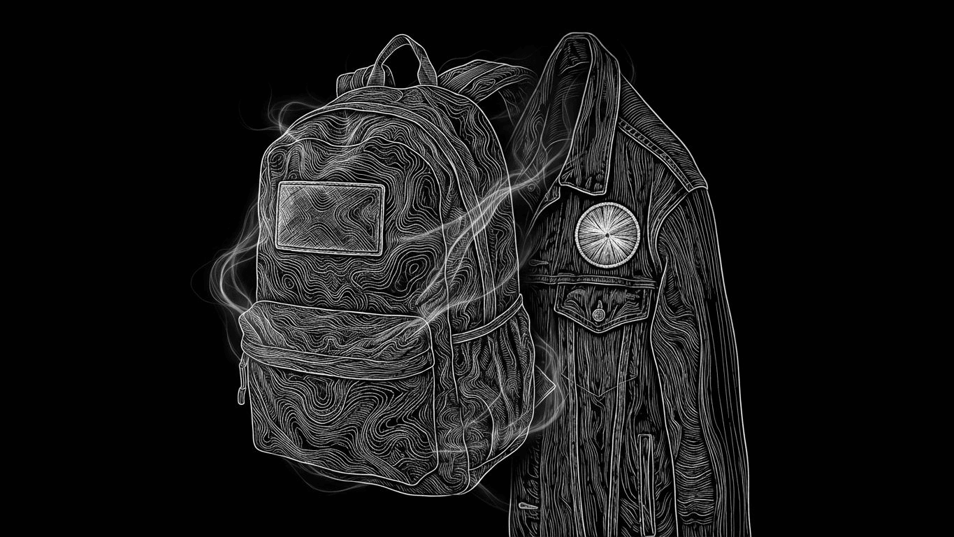 A rugged backpack with a PVC patch and a denim jacket with an embroidered patch side-by-side.