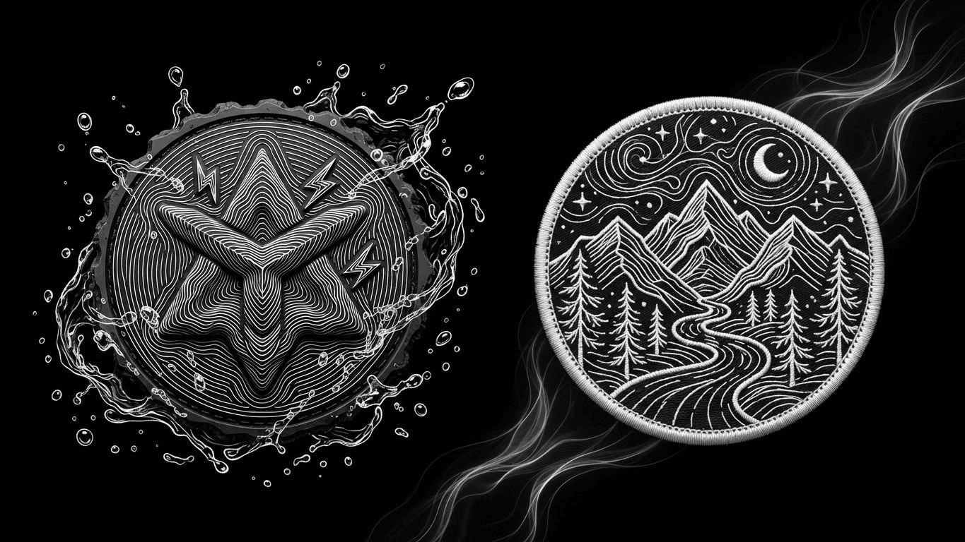 Side-by-side comparison of a waterproof PVC patch and a textured embroidered mountain patch.