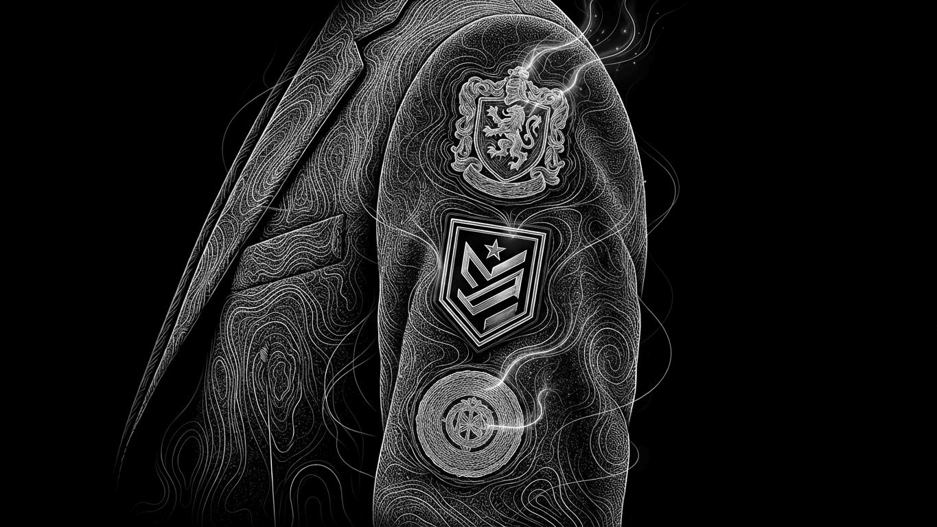 Three different custom patches—embroidered, woven, and PVC—attached to a dark jacket sleeve.