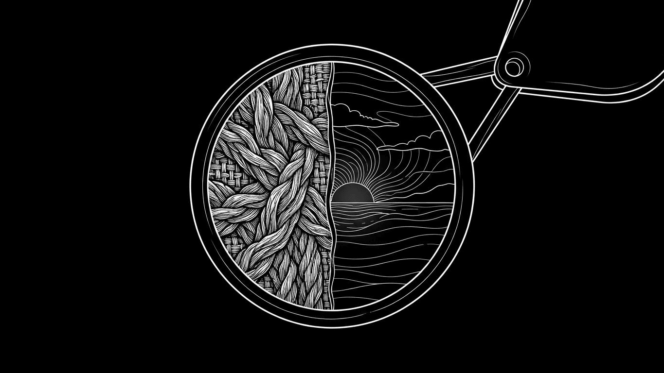 A magnifying glass showing the difference between thick embroidery stitches and a smooth photographic print on fabric.