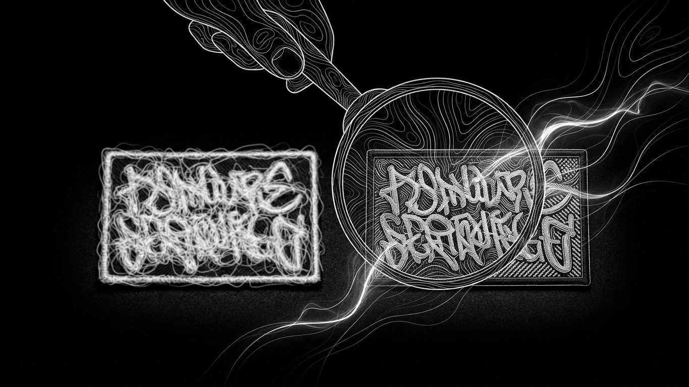 A magnifying glass comparing blurry embroidered text and sharp woven text on two custom patches.
