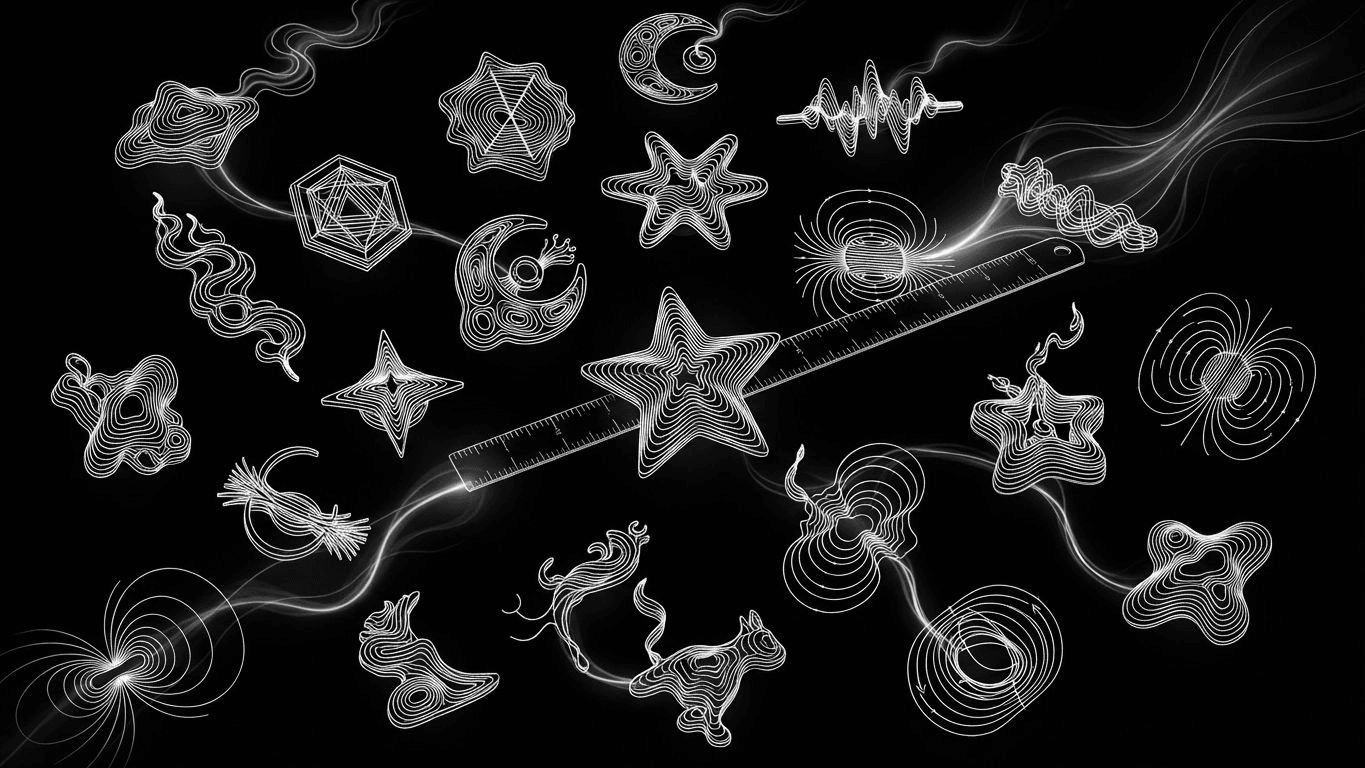 A collection of custom enamel pins of different designs being measured with a ruler.