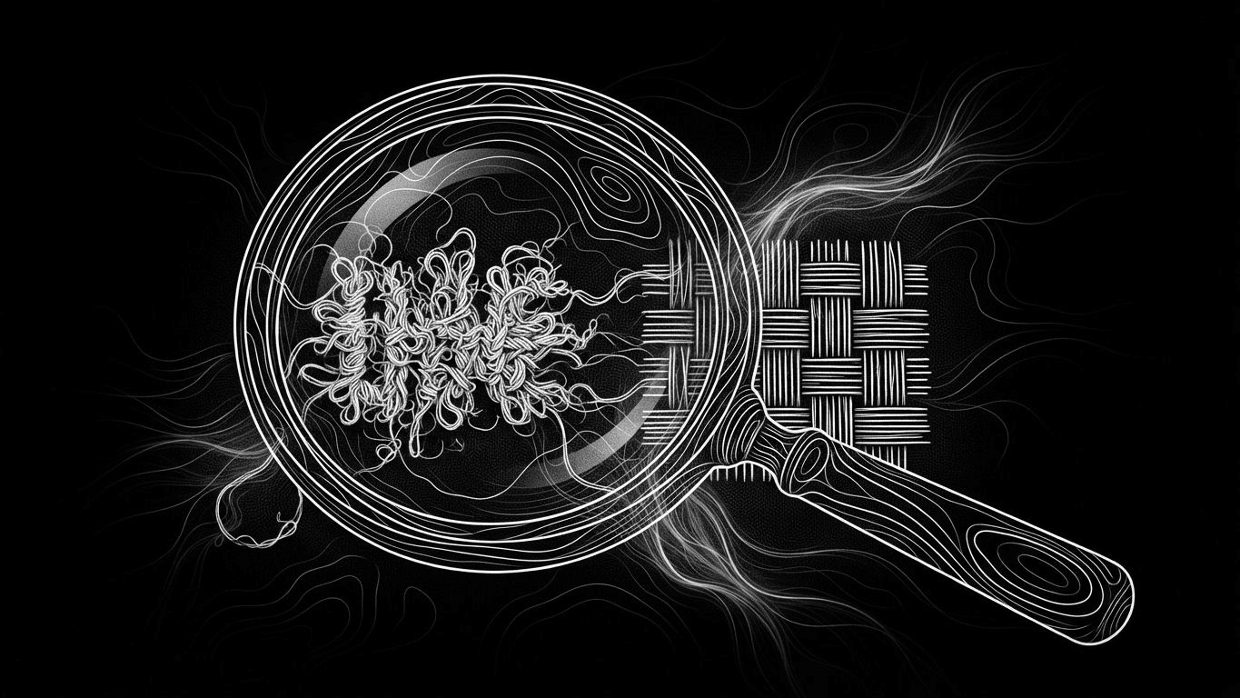 Magnifying glass comparing thick embroidery stitches to sharp woven text on custom patches.