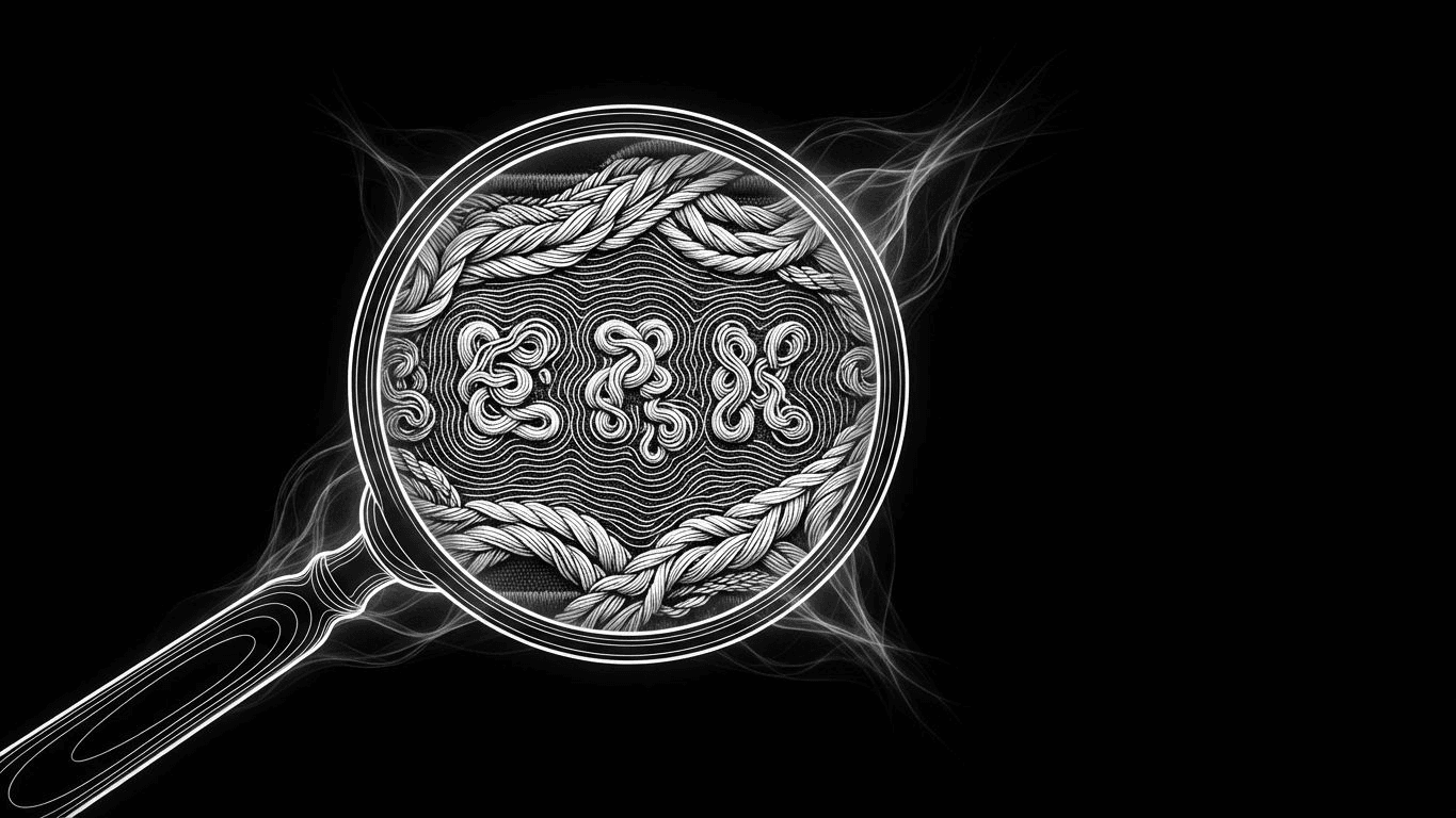 A magnifying glass revealing clear text on a woven patch versus thick merging threads on an embroidered patch.