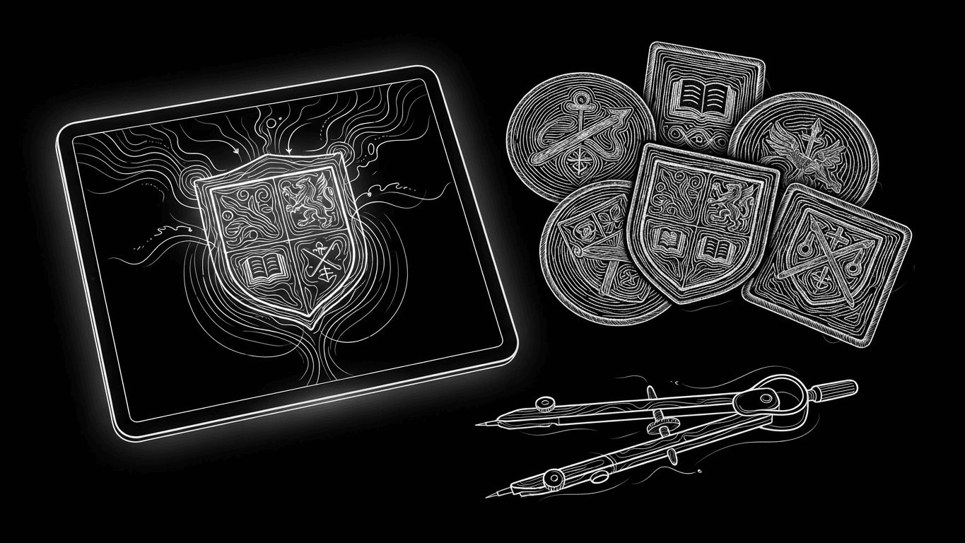A tablet showing a patch design next to finished embroidered patches and a compass.