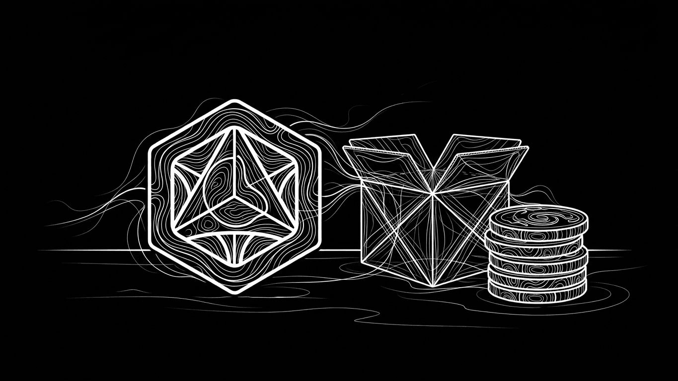 A single custom enamel pin with a clean geometric design placed beside a stack of coins and a shipping box.