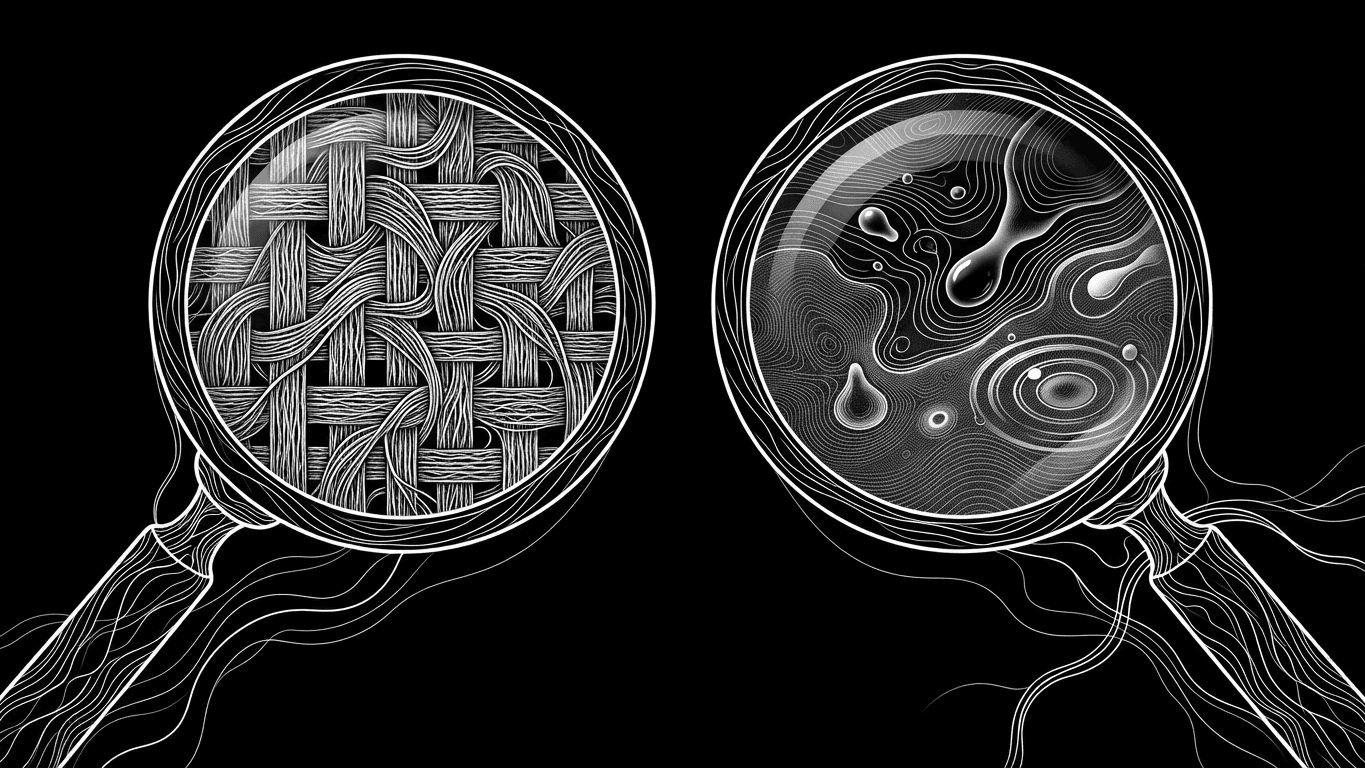 Magnifying glasses showing a side-by-side comparison of woven threads and printed ink gradients.