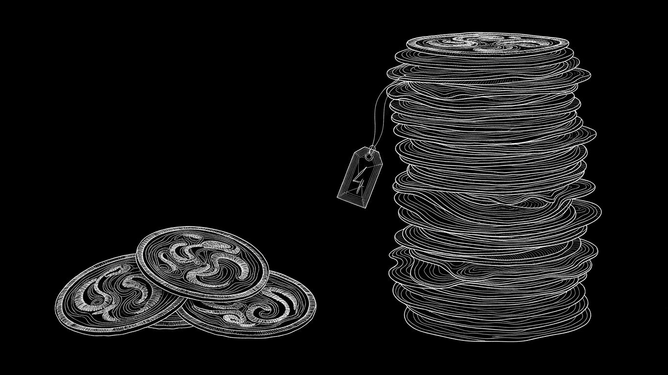 A small pile and a large stack of patches illustrating volume discounts with price tags.