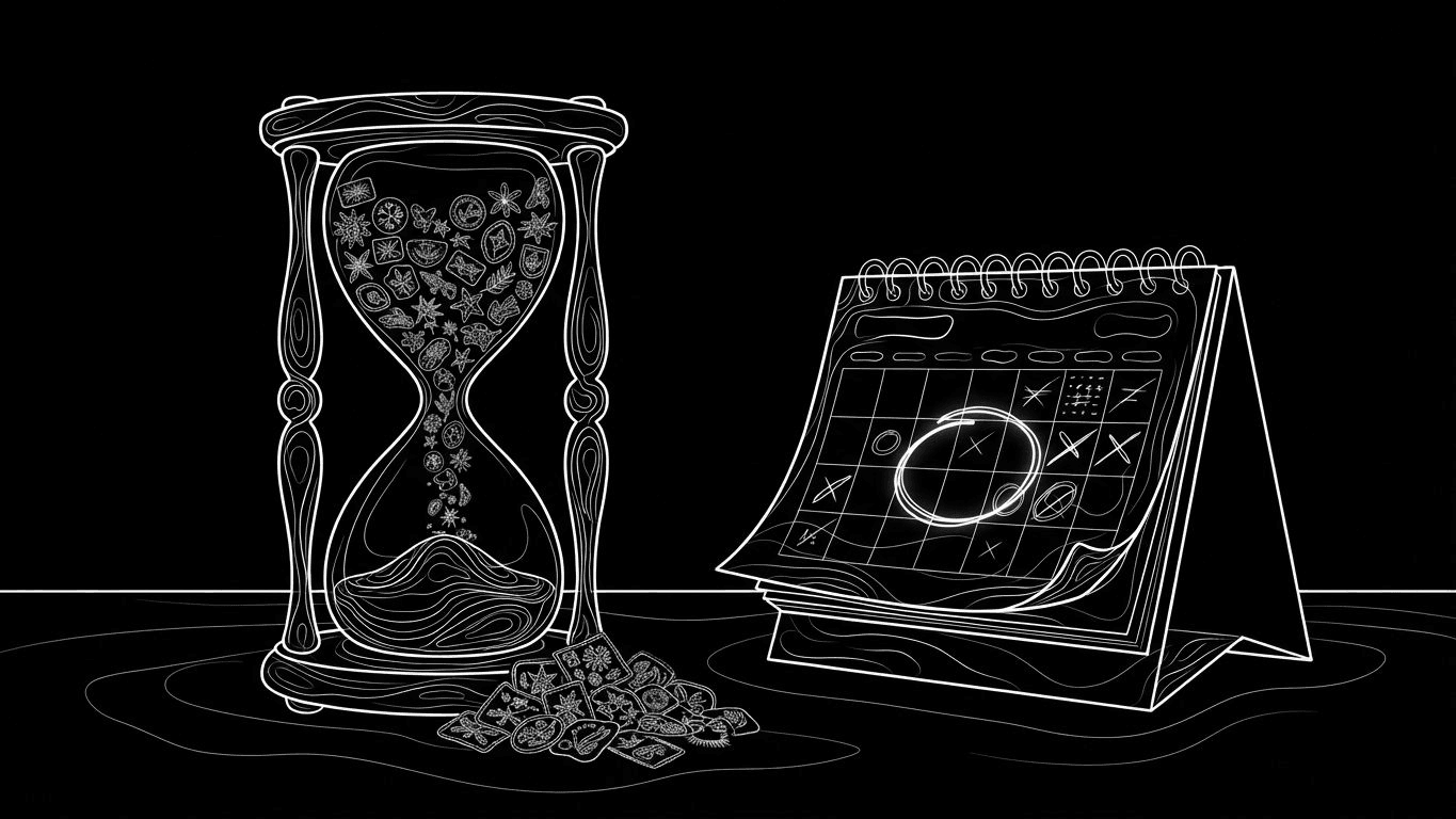 An hourglass filled with custom patches next to a calendar with a circled date.