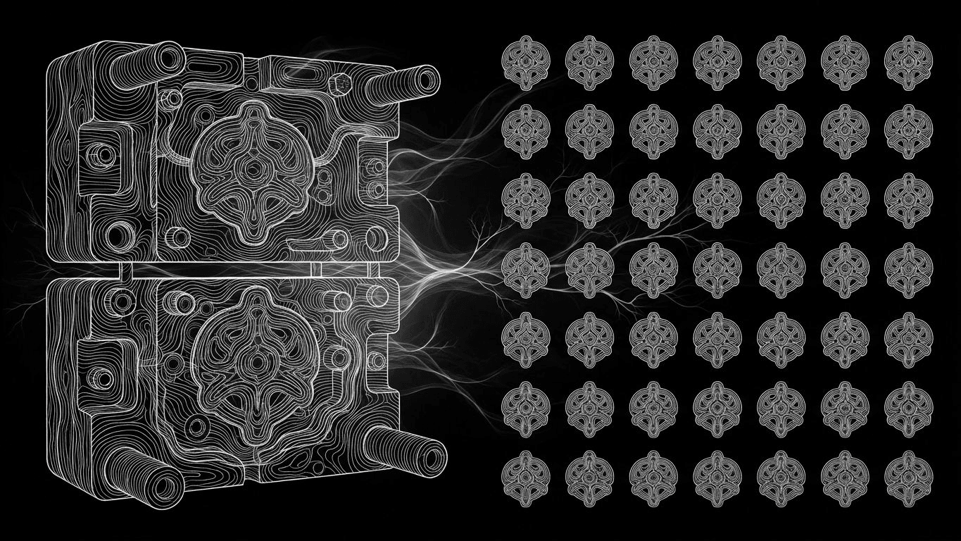 An industrial pin mould next to a grid of fifty finished enamel pins.