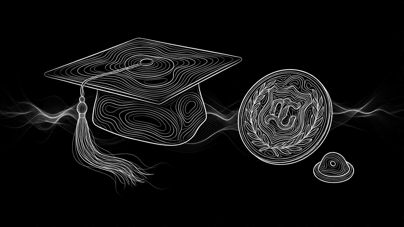 A school crest enamel pin next to a graduation cap and a rubber pin backing.